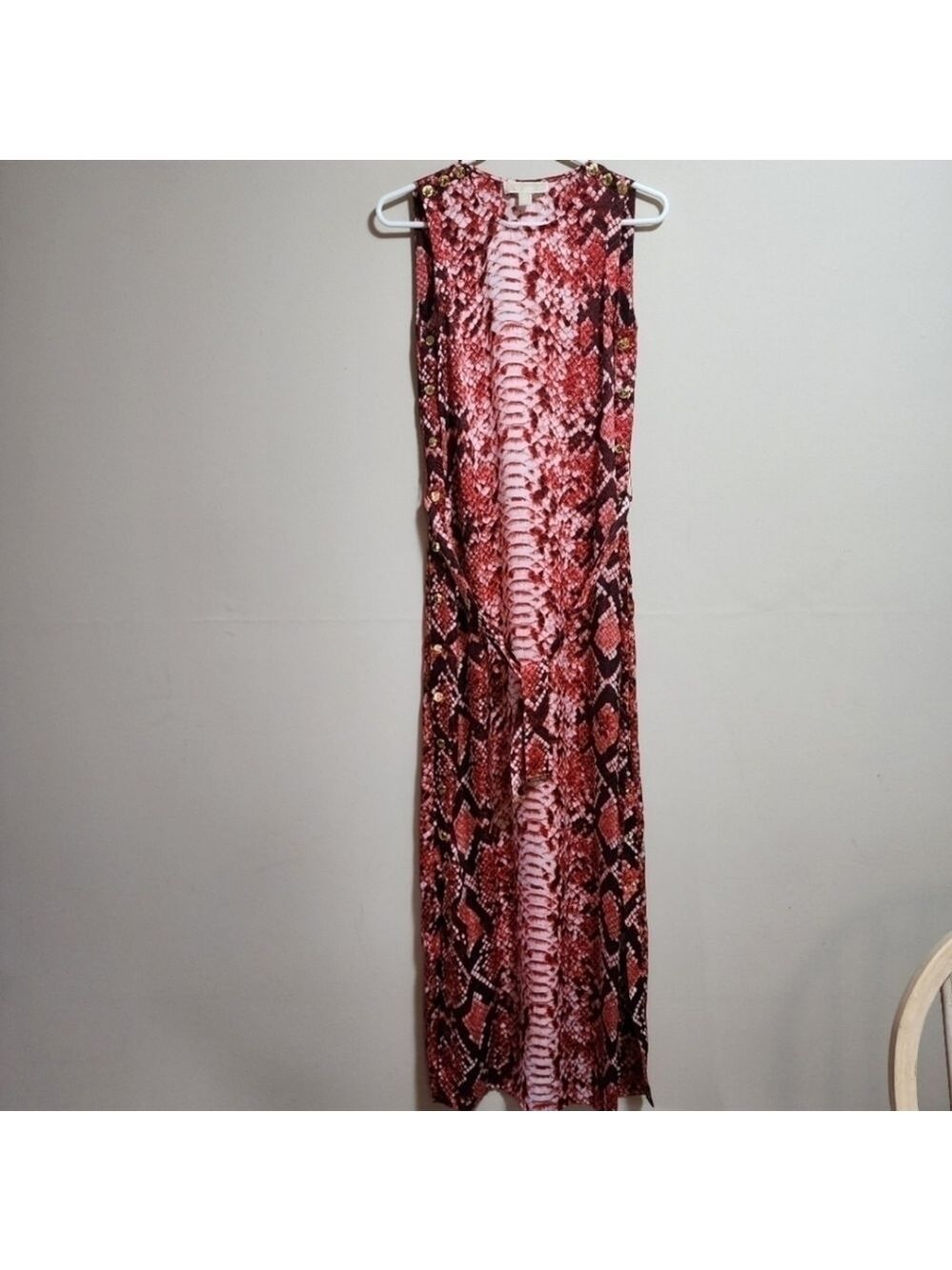 MICHAEL Kors snake print maxi sleeveless dress with golden snaps/ hot coral-red